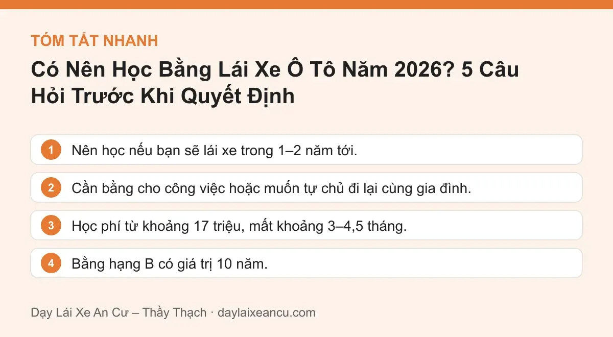 Tóm tắt nhanh: Có Nên Học Bằng Lái Xe Ô Tô Năm 2026? 5 Câu Hỏi Trước Khi Quyết Định