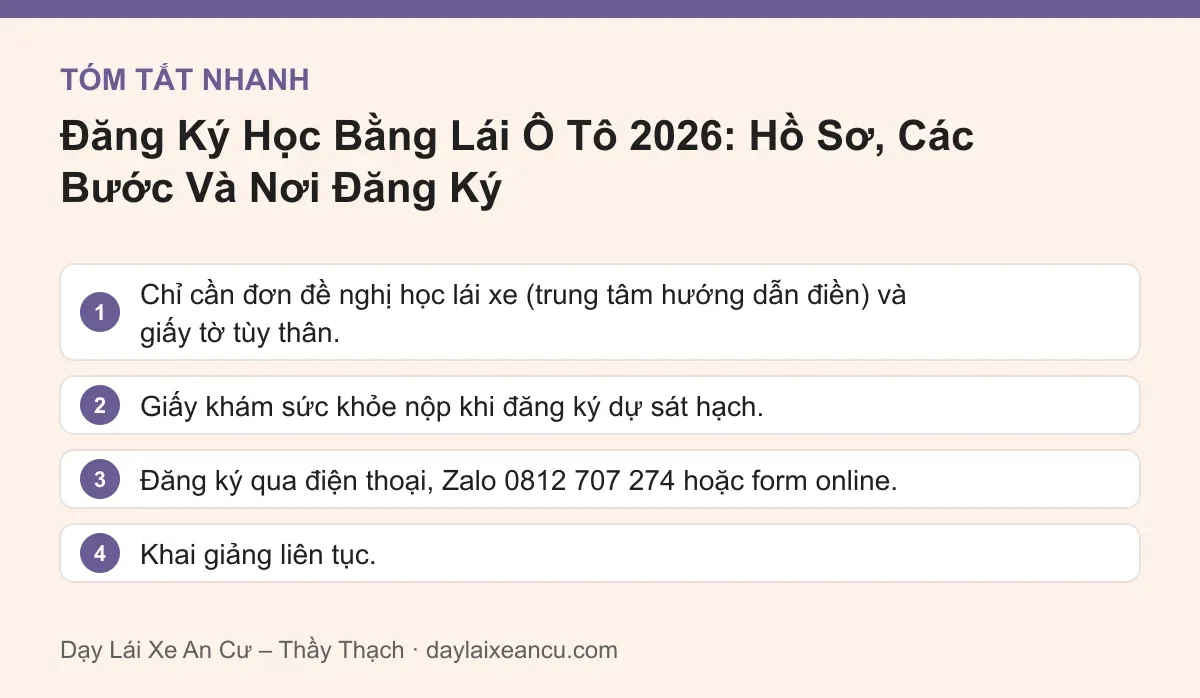 Tóm tắt nhanh: Đăng Ký Học Bằng Lái Ô Tô 2026: Hồ Sơ, Các Bước Và Nơi Đăng Ký