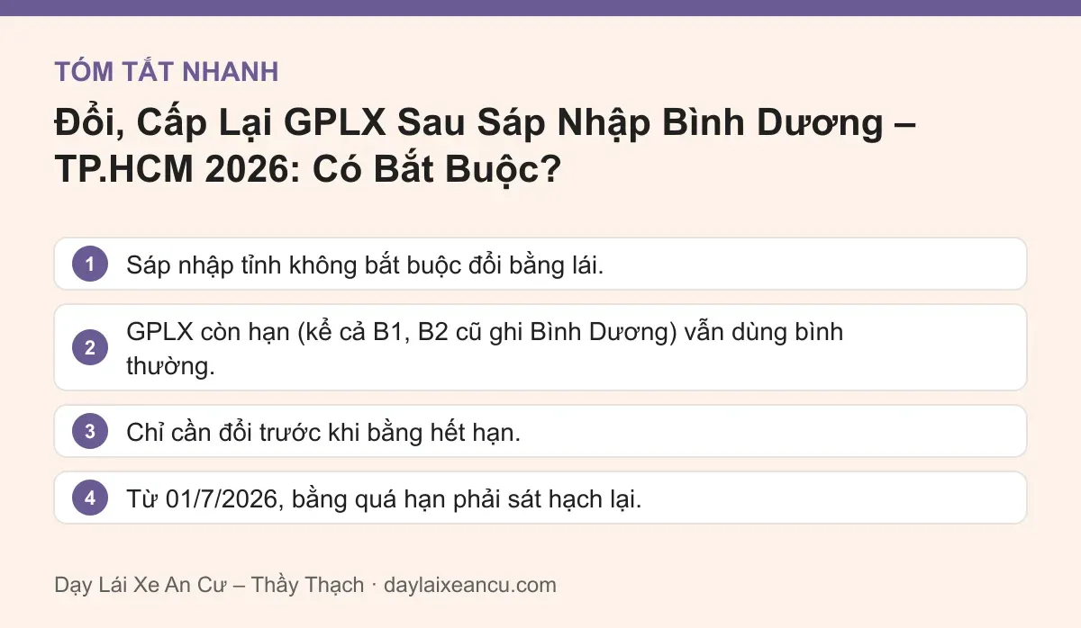 Tóm tắt nhanh: Đổi, Cấp Lại GPLX Sau Sáp Nhập Bình Dương – TP.HCM 2026: Có Bắt Buộc?
