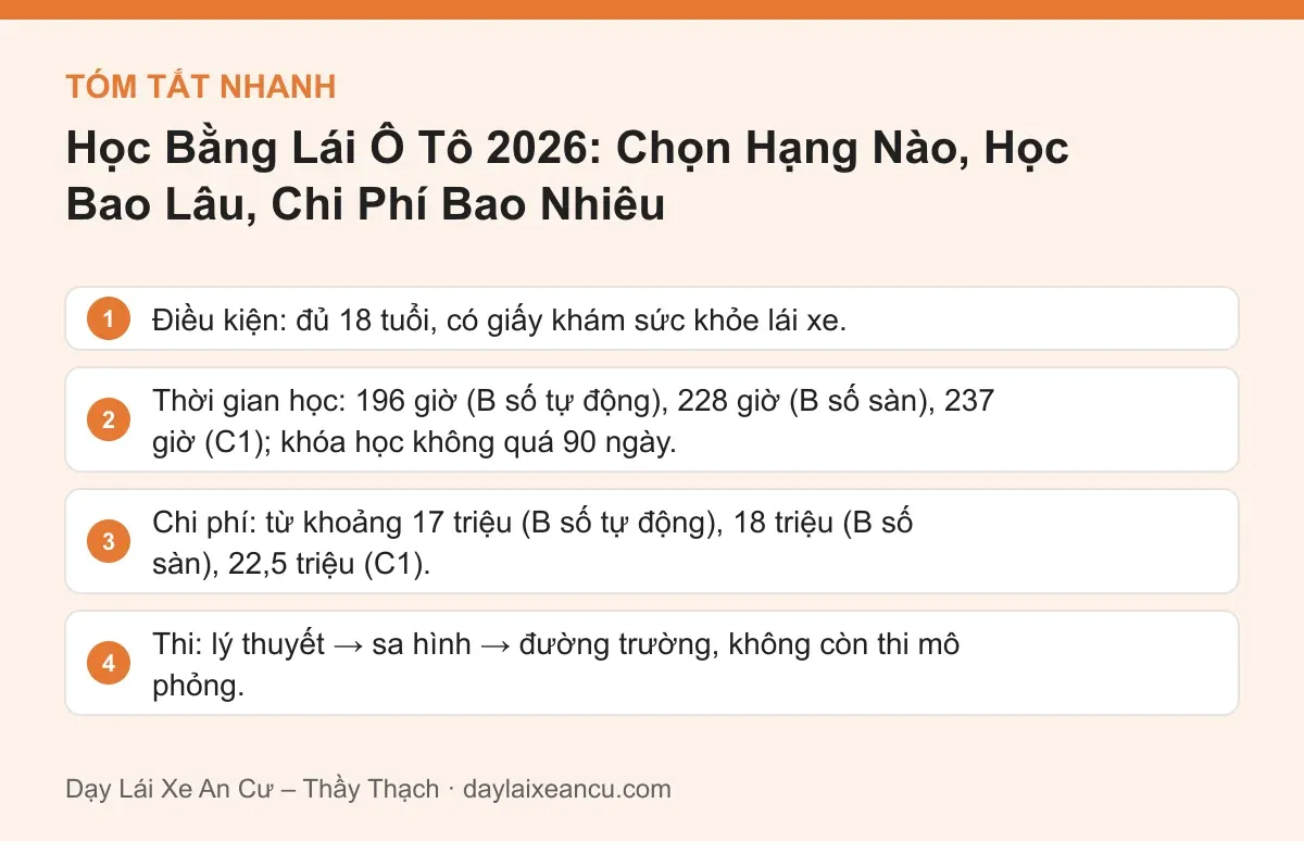 Tóm tắt nhanh: Học Bằng Lái Ô Tô 2026: Chọn Hạng Nào, Học Bao Lâu, Chi Phí Bao Nhiêu