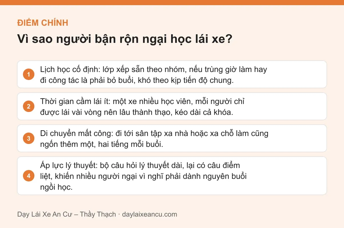 Điểm chính: Vì sao người bận rộn ngại học lái xe?