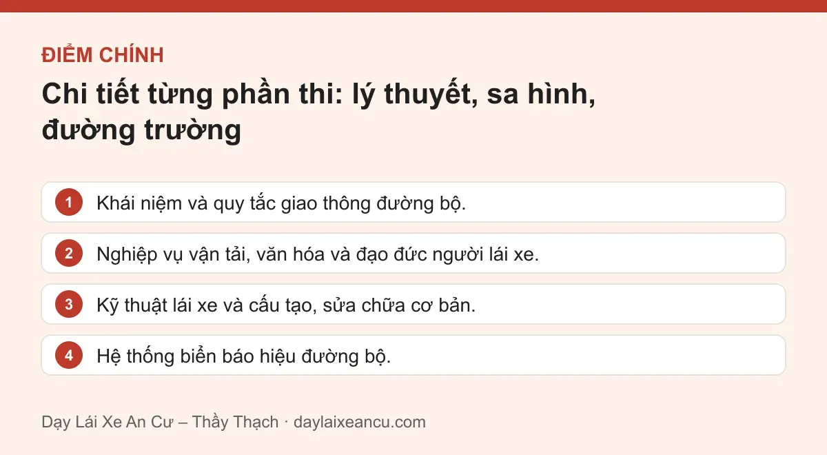 Điểm chính: Chi tiết từng phần thi: lý thuyết, sa hình, đường trường