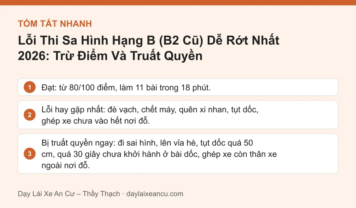 Tóm tắt nhanh: Lỗi Thi Sa Hình Hạng B (B2 Cũ) Dễ Rớt Nhất 2026: Trừ Điểm Và Truất Quyền