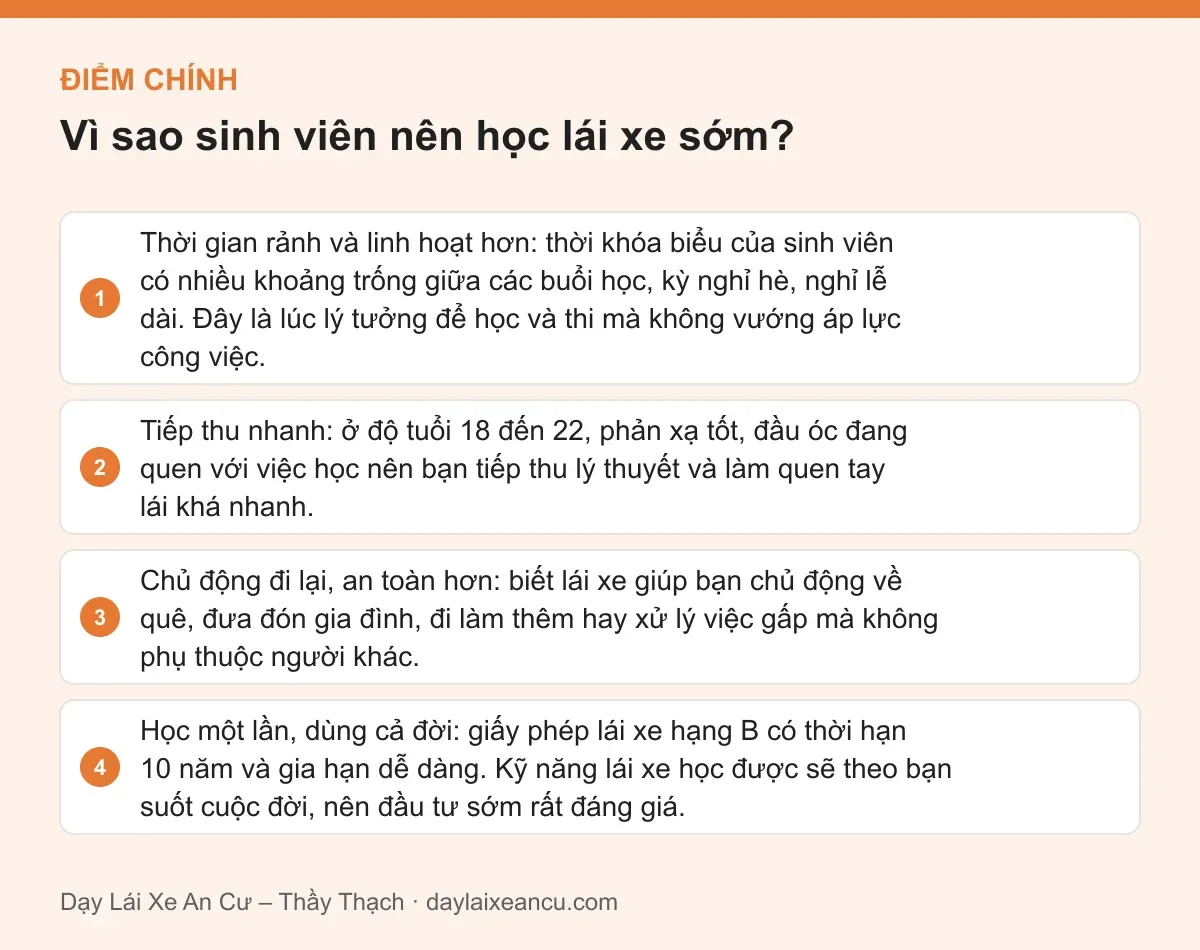 Điểm chính: Vì sao sinh viên nên học lái xe sớm?