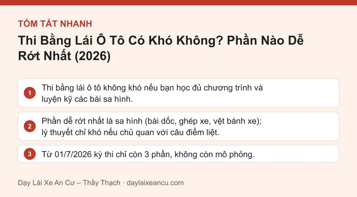 Tóm tắt nhanh: Thi Bằng Lái Ô Tô Có Khó Không? Phần Nào Dễ Rớt Nhất (2026)