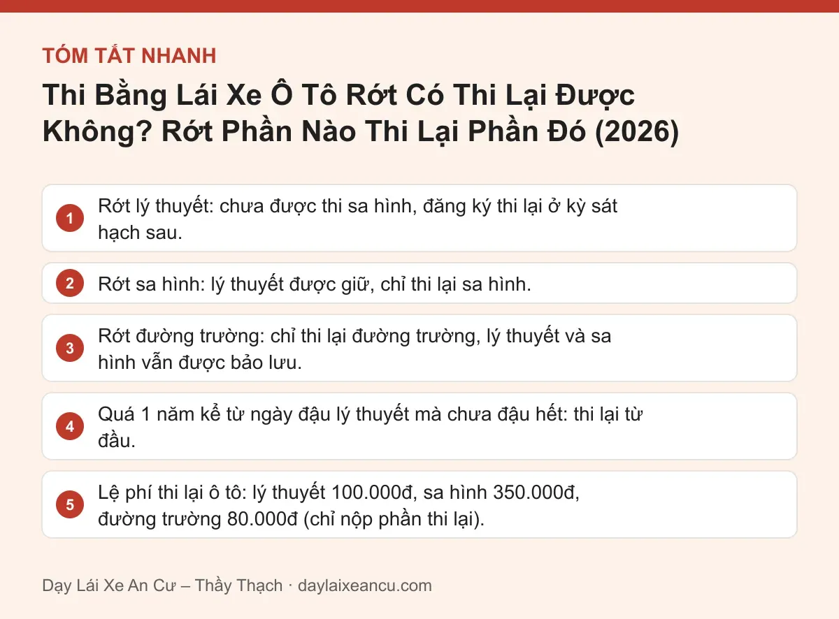 Tóm tắt nhanh: Thi Bằng Lái Xe Ô Tô Rớt Có Thi Lại Được Không? Rớt Phần Nào Thi Lại Phần Đó (2026)