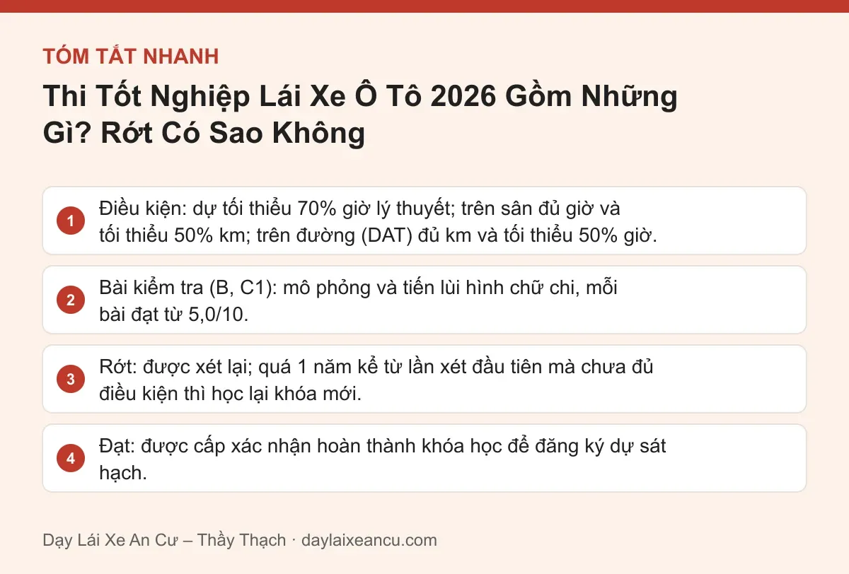 Tóm tắt nhanh: Thi Tốt Nghiệp Lái Xe Ô Tô 2026 Gồm Những Gì? Rớt Có Sao Không