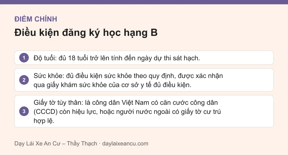 Điểm chính: Điều kiện đăng ký học hạng B