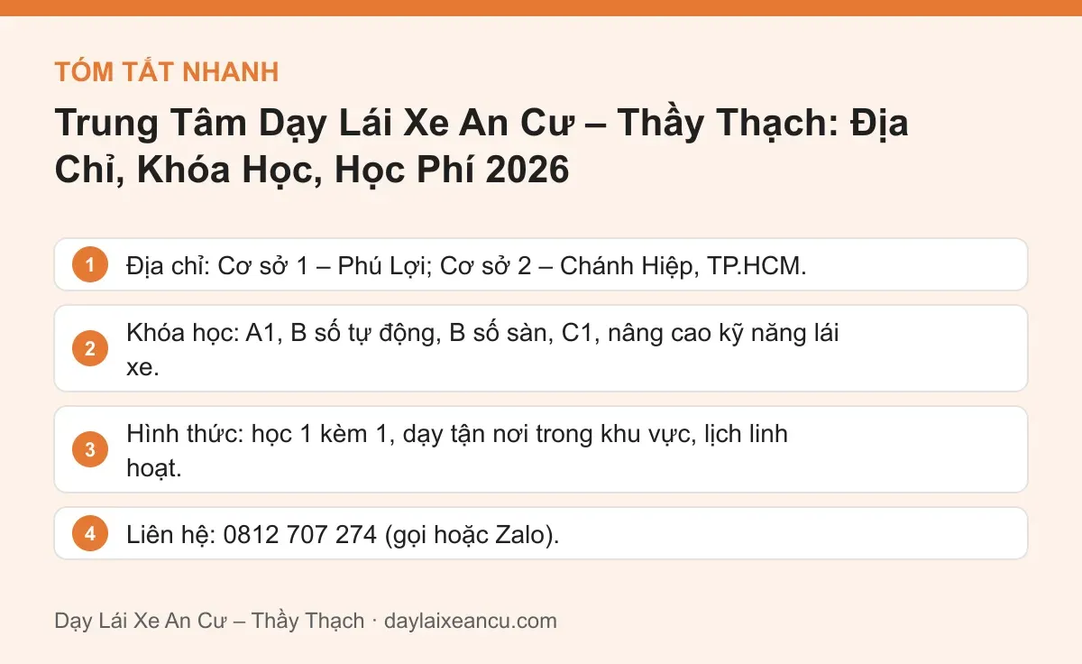 Tóm tắt nhanh: Trung Tâm Dạy Lái Xe An Cư – Thầy Thạch: Địa Chỉ, Khóa Học, Học Phí 2026